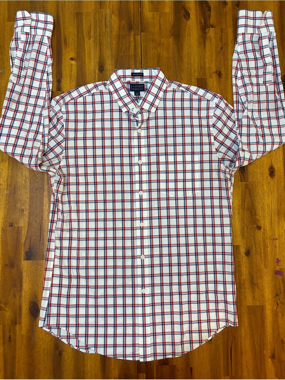 J.Crew Thompson Shirt Mens L 16 1/2 Red Blue Tattersall Plaid Flex Wrinkle Free